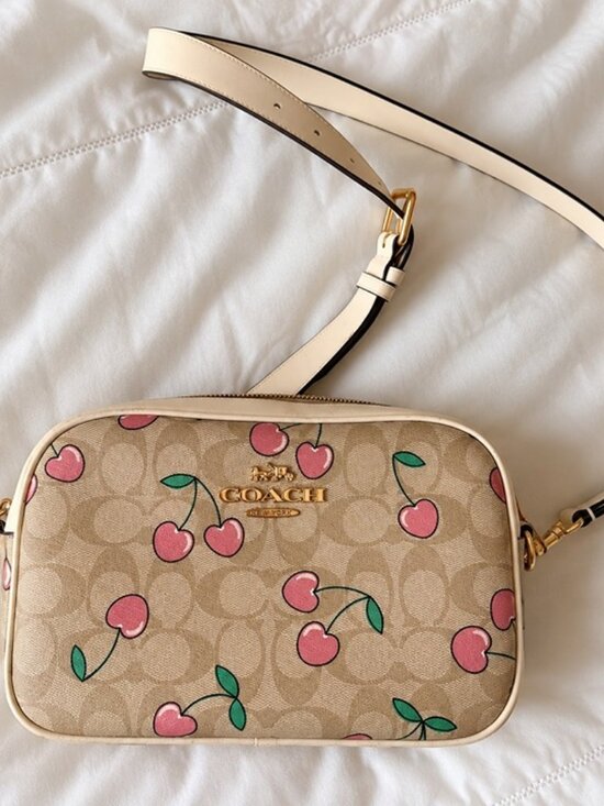Coach Handbags - Coach Signature Cherry Print Crossbody Camera Bag Beige Pink